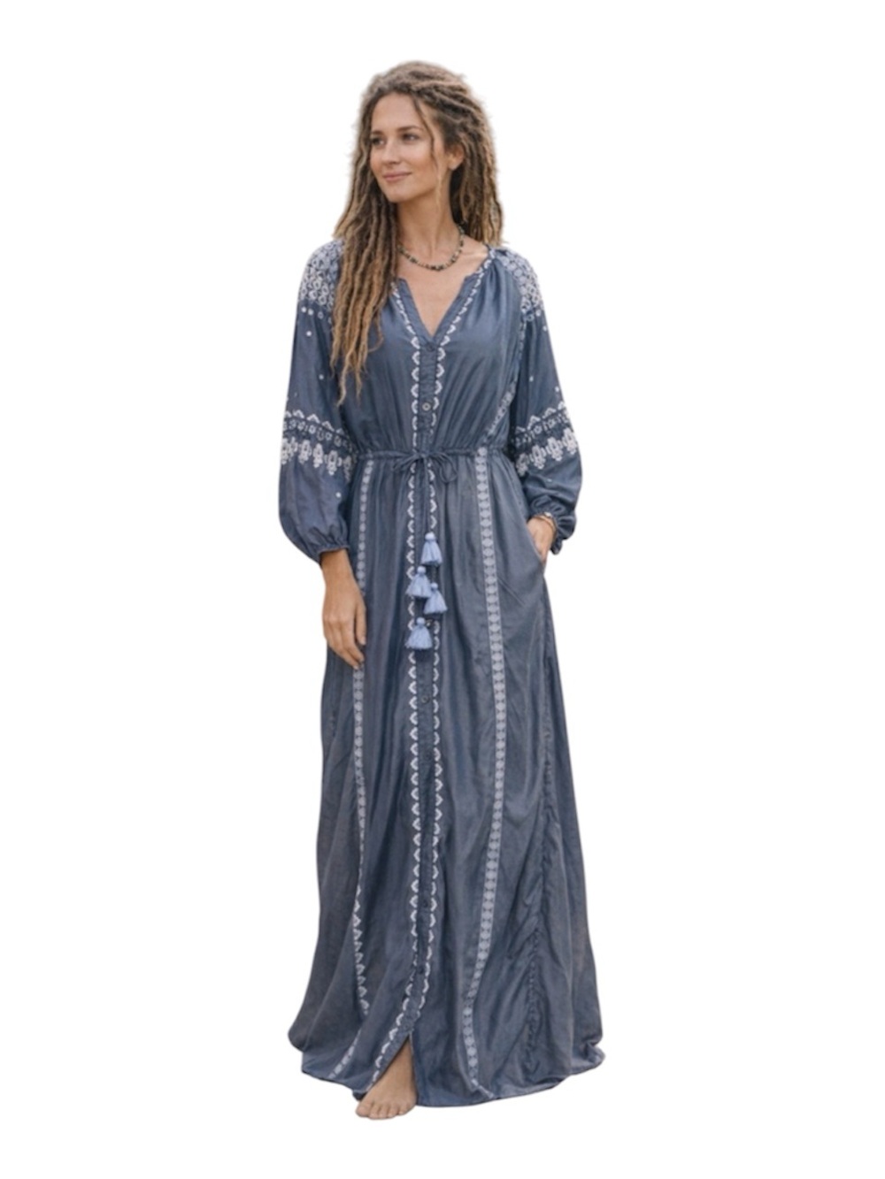 Tommy Bahama Chambray Embroidered Maxi Dress Boho Resort Tassel Waist M NWOT